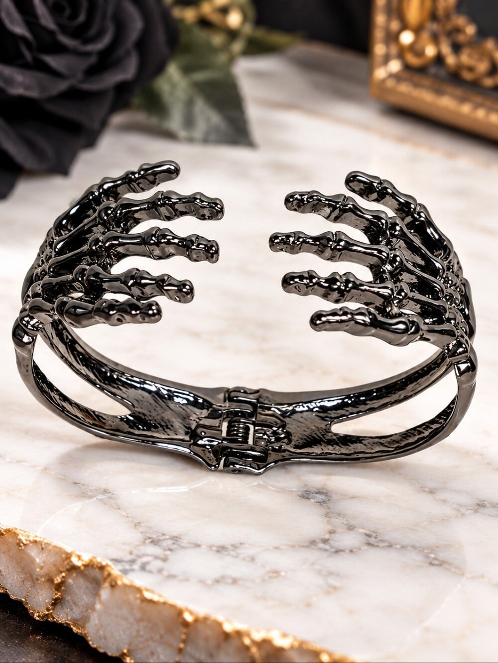 Gunmetal Skeleton Hands Cuff Bracelet Gothic Halloween Statement Jewelry